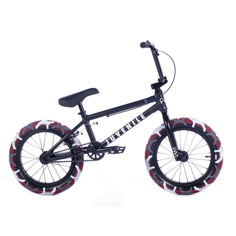 Cult Juvenile 16″ BMX Freestyle Bike-Black/Red Camo Tires