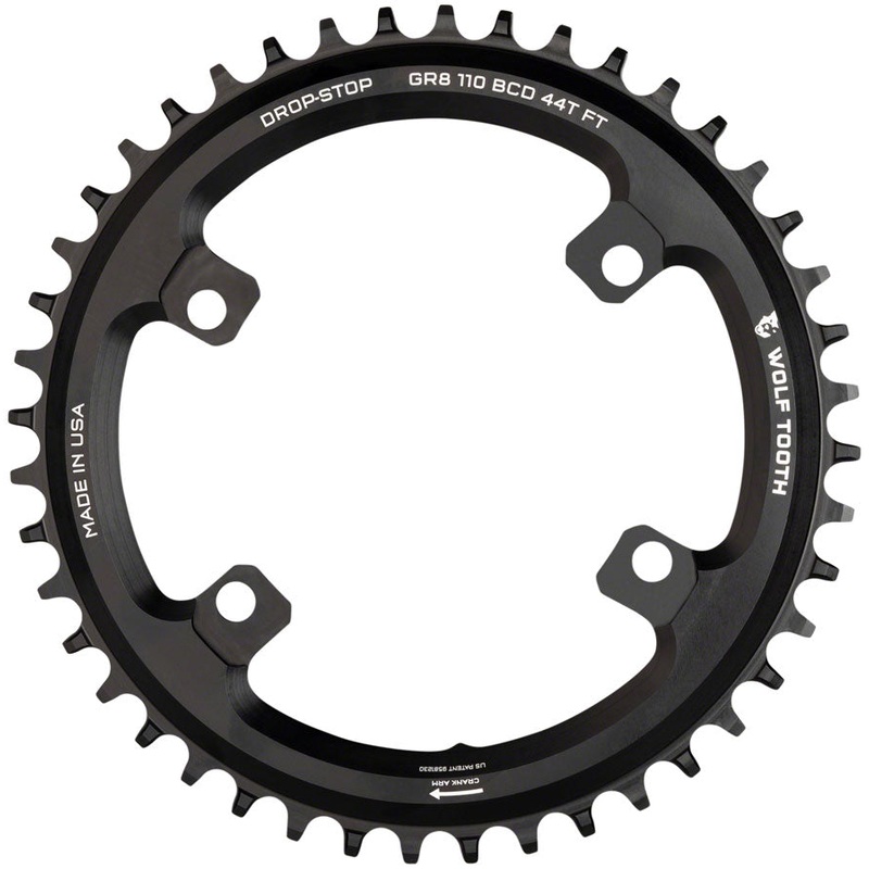 Wolf Tooth Shimano 110 Asymmetric BCD Chainring – 38t, 110 Asymmetric BCD, 4-Bolt, Drop-Stop Flattop, For Shimano GRX Cranks, Black