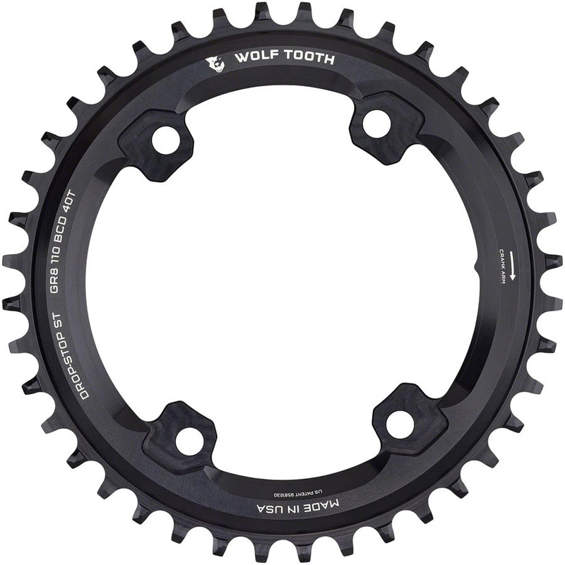 Wolf Tooth Shimano 110 Asymmetric BCD Chainring – 40t, 110 Asymmetric BCD, 4-Bolt, Drop-Stop ST, For Shimano GRX Cranks, Black