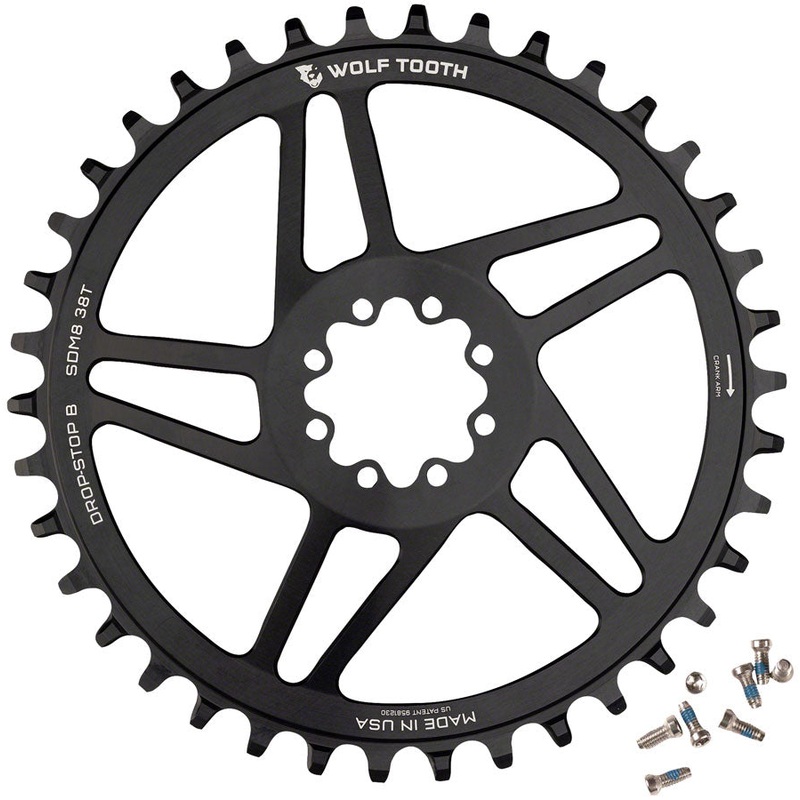 Wolf Tooth Direct Mount Chainring – 38t, SRAM Direct Mount, Drop-Stop B, For SRAM 8-Bolt Cranksets, 6mm Offset, Black